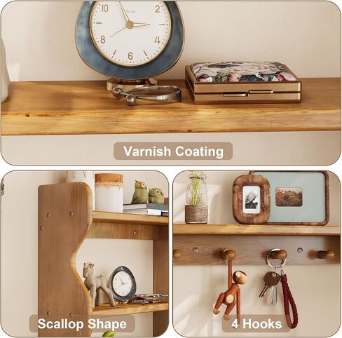 3 Tier Wooden Floating Wall Shelves with Hooks, Rustic Farmhouse Wall Mounted Storage Shelf, Decorative Curved Side Wall Organizer Display Rack for Bedroom, Bathroom, Living Room, Kitchen, Home Decor in Saudi Arabia