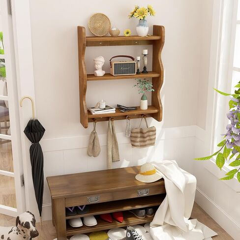 3 Tier Wooden Floating Wall Shelves with Hooks, Rustic Farmhouse Wall Mounted Storage Shelf, Decorative Curved Side Wall Organizer Display Rack for Bedroom, Bathroom, Living Room, Kitchen, Home Decor in Saudi Arabia