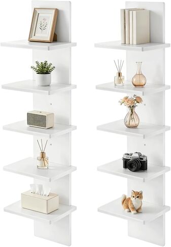 2 Pcs 5-Tier Floating Wall Shelf Units,Tall White Shelf,30.7 in White Plastic Display Storage Organizer, Easy Assembly for Living Room, Bedroom, Office, Bathroom Decor in Saudi Arabia
