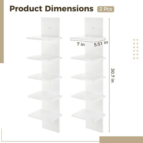 2 Pcs 5-Tier Floating Wall Shelf Units,Tall White Shelf,30.7 in White Plastic Display Storage Organizer, Easy Assembly for Living Room, Bedroom, Office, Bathroom Decor in Saudi Arabia