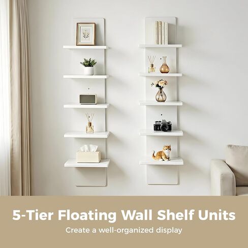 2 Pcs 5-Tier Floating Wall Shelf Units,Tall White Shelf,30.7 in White Plastic Display Storage Organizer, Easy Assembly for Living Room, Bedroom, Office, Bathroom Decor in Saudi Arabia