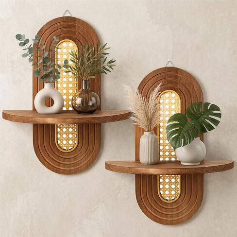 2 Pcs Boho Floating Shelves, 14.5 x 11.8 Inch Wooden Arch Plant Wall Shelf Mid Century Rattan Wall Shelf for Home, Office, Living Room, Small Ornaments (Brown) in Saudi Arabia