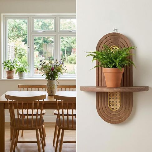 2 Pcs Boho Floating Shelves, 14.5 x 11.8 Inch Wooden Arch Plant Wall Shelf Mid Century Rattan Wall Shelf for Home, Office, Living Room, Small Ornaments (Brown) in Saudi Arabia