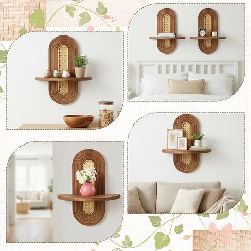2 Pcs Boho Floating Shelves, 14.5 x 11.8 Inch Wooden Arch Plant Wall Shelf Mid Century Rattan Wall Shelf for Home, Office, Living Room, Small Ornaments (Brown) in Saudi Arabia