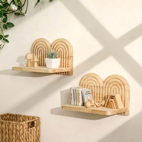 Wood Floating Shelves with Boho Macrame Tassels - Modern Scandinavian Wall-Mounted Shelf, Solid New Zealand Pine for Hanging Plants, Books, Bathroom, Bedroom, Kitchen - Minimalist Aesthetic Home in Kuwait
