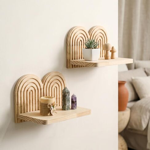 Wood Floating Shelves with Boho Macrame Tassels - Modern Scandinavian Wall-Mounted Shelf, Solid New Zealand Pine for Hanging Plants, Books, Bathroom, Bedroom, Kitchen - Minimalist Aesthetic Home in Kuwait