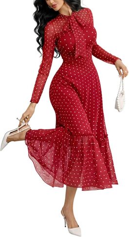 GothDark Polka Dot Dress for Women Mesh Tie Neck Bow Sheer Sleeve Flowy Ruffle Hem Going Out Wedding Guest Casual Dress in Saudi Arabia