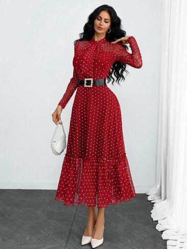 GothDark Polka Dot Dress for Women Mesh Tie Neck Bow Sheer Sleeve Flowy Ruffle Hem Going Out Wedding Guest Casual Dress in Saudi Arabia