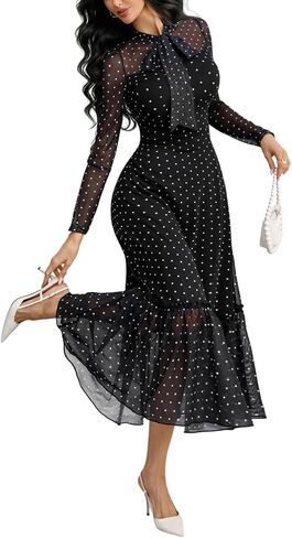 GothDark Polka Dot Dress for Women Mesh Tie Neck Bow Sheer Sleeve Flowy Ruffle Hem Going Out Wedding Guest Casual Dress in Saudi Arabia