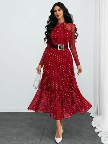 GothDark Polka Dot Dress for Women Mesh Tie Neck Bow Sheer Sleeve Flowy Ruffle Hem Going Out Wedding Guest Casual Dress in Saudi Arabia