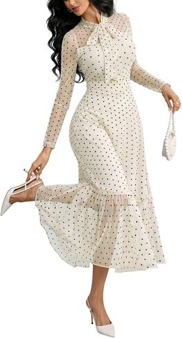 GothDark Polka Dot Dress for Women Mesh Tie Neck Bow Sheer Sleeve Flowy Ruffle Hem Going Out Wedding Guest Casual Dress in Saudi Arabia
