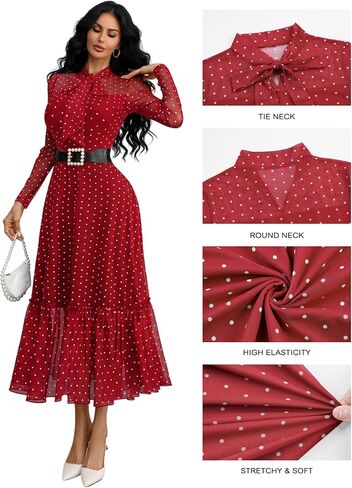 GothDark Polka Dot Dress for Women Mesh Tie Neck Bow Sheer Sleeve Flowy Ruffle Hem Going Out Wedding Guest Casual Dress in Saudi Arabia