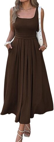 Womens Boho Summer Dresses Casual Maxi Dress with Pockets Square Neck Sleeveless Sundress for Beach Vacation in Saudi Arabia