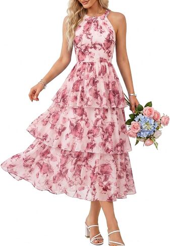 Bbonlinedress Women Halter Floral Dress Summer Wedding Guest Mesh Tiered Beach Vacation Dress Midi Flowy Casual Boho Sundress in Kuwait