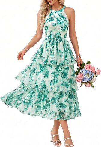 Bbonlinedress Women Halter Floral Dress Summer Wedding Guest Mesh Tiered Beach Vacation Dress Midi Flowy Casual Boho Sundress in Kuwait
