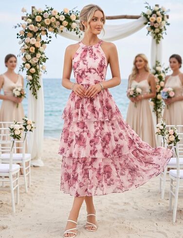 Bbonlinedress Women Halter Floral Dress Summer Wedding Guest Mesh Tiered Beach Vacation Dress Midi Flowy Casual Boho Sundress in Kuwait