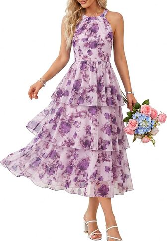 Bbonlinedress Women Halter Floral Dress Summer Wedding Guest Mesh Tiered Beach Vacation Dress Midi Flowy Casual Boho Sundress in Kuwait