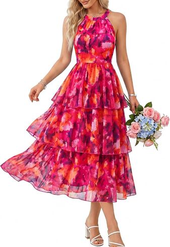 Bbonlinedress Women Halter Floral Dress Summer Wedding Guest Mesh Tiered Beach Vacation Dress Midi Flowy Casual Boho Sundress in Kuwait