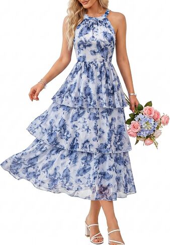 Bbonlinedress Women Halter Floral Dress Summer Wedding Guest Mesh Tiered Beach Vacation Dress Midi Flowy Casual Boho Sundress in Kuwait