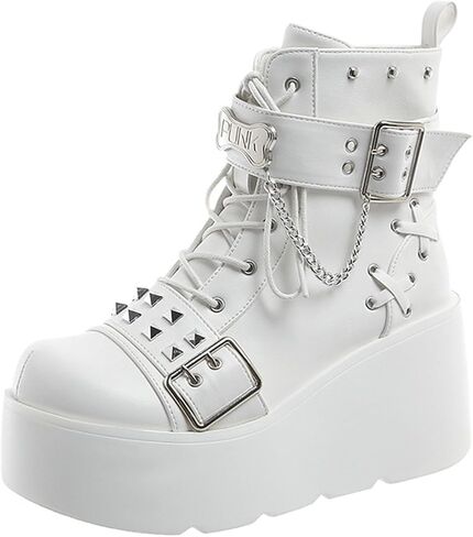 Women'S Rivet Wedge Gothic Ankle Boots Fashionable Round Toe Chunky Platform Non-Slip Lace-Up Punk Short Boots For Party, Campus, Date in Saudi Arabia