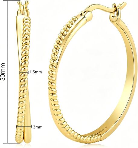 14K Gold Hoop Earrings 30mm 14kt Yellow Twisted Braided X Shape Textured Huggie Hoops Hypoallergenic Jewelry for Women in Saudi Arabia