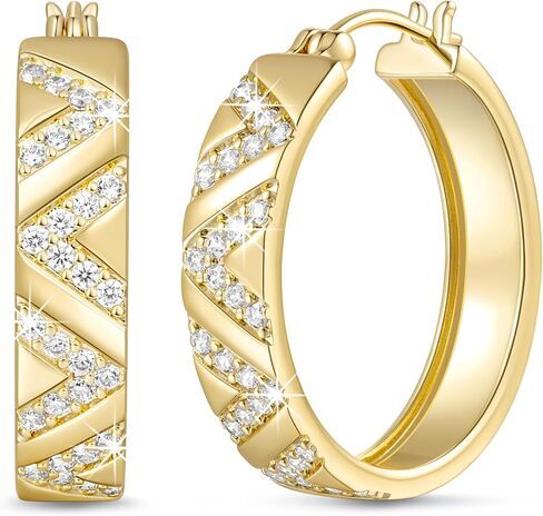 Gold Hoop Earrings for Women 14K Gold Earrings for Women 14K Gold Hoop Earring for Womens Hoops Cubic Zirconia Set in Spaced V Pattern Hoops Earring for Womens 25/30mm in Kuwait