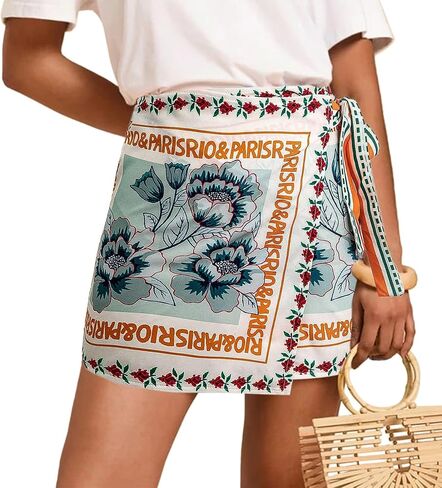 Womens Wrap Mini Skirt Boho Floral Printed Knot Side High Waist A Line Casual Summer Beach Short Skirt Orange in Saudi Arabia