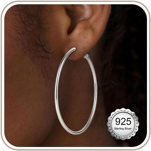 925 Sterling Silver Hoop Earrings for Women, Dainty Thin Small Big Large Thick Chunky Silver Hoop Earrings Trendy Lightweight Hypoallergenic Hoops Earring Jewelry for Women Gift (40/50/60mm) in Saudi Arabia