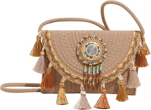 Mandala Bohemian Knitted Envelope Purses Cute Boho Beach Woven Small Shoulder Bags for Women in Kuwait