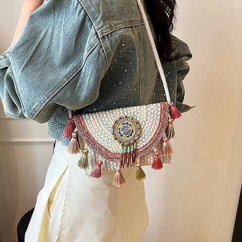 Mandala Bohemian Knitted Envelope Purses Cute Boho Beach Woven Small Shoulder Bags for Women in Kuwait
