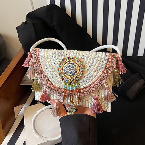 Mandala Bohemian Knitted Envelope Purses Cute Boho Beach Woven Small Shoulder Bags for Women in Kuwait