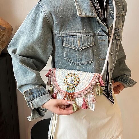 Mandala Bohemian Knitted Envelope Purses Cute Boho Beach Woven Small Shoulder Bags for Women in Kuwait