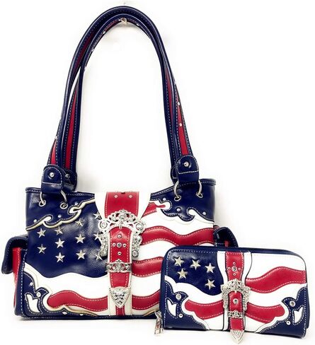 Premium American National Flag Rhinestone Handbag, Messenger bag, Wallet in Multi Colors (American Flag Blue buckle) in Saudi Arabia
