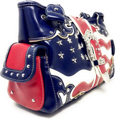 Premium American National Flag Rhinestone Handbag, Messenger bag, Wallet in Multi Colors (American Flag Blue buckle) in Saudi Arabia
