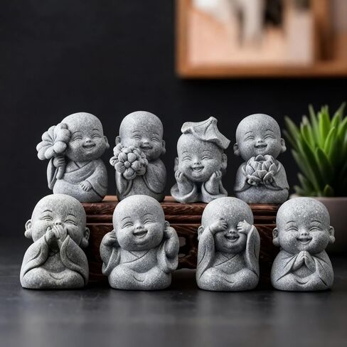 Hoteam 8 Pcs Laughing Buddha Statue Small Zen Monk Praying Sandstone Sculptures for Luck Feng Shui Decor Car Dashboard Home Living Room Office Desk Decor in Kuwait