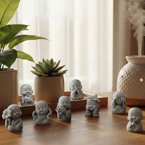 Hoteam 8 Pcs Laughing Buddha Statue Small Zen Monk Praying Sandstone Sculptures for Luck Feng Shui Decor Car Dashboard Home Living Room Office Desk Decor in Kuwait