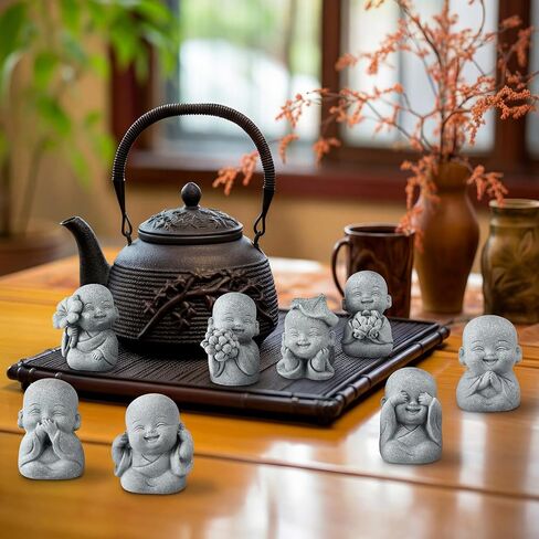 Hoteam 8 Pcs Laughing Buddha Statue Small Zen Monk Praying Sandstone Sculptures for Luck Feng Shui Decor Car Dashboard Home Living Room Office Desk Decor in Kuwait