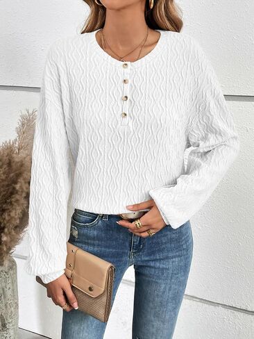 بلوزات نسائية غير رسمية نصف أزرار سفلية بياقة دائرية وأكمام طويلة، قمصان عمل مريحة من Argyle متينة in Kuwait