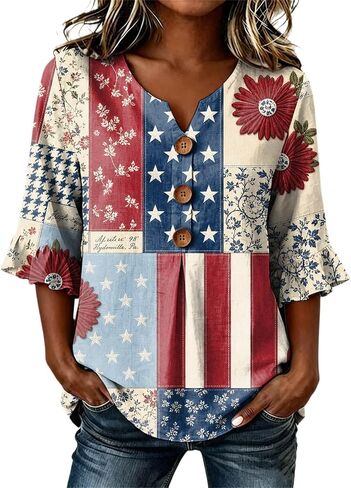 4Th of July Shirts Women 3/4 Ruffle Fold Sleeves V-Neck Shirt American Flag Floral Print Cute Patriotic Blouse in Kuwait