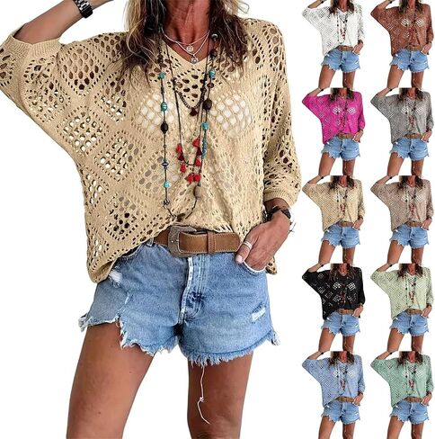 Womens Bohemian Crochet V-Neck Top Beach Cover Ups 3/4 Sleeve Hollow Out Blouse for Beach Open Knit Pullover in Kuwait