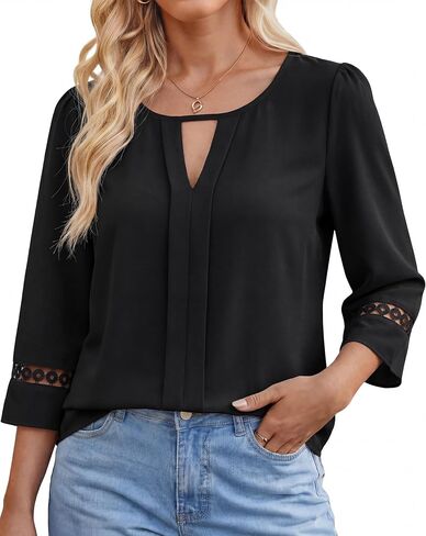3/4 Length Sleeve Womens Tops, Casual Fit Blouses for Women, Keyhole Neck Business Shirts with Hollow Out Lace Trim in Saudi Arabia