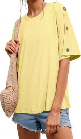 Dokotoo Women's Short Sleeve Tops Crew Neck Button Casual Summer Oversized T Shirts Blouses in Kuwait
