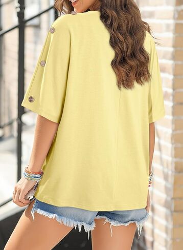 Dokotoo Women's Short Sleeve Tops Crew Neck Button Casual Summer Oversized T Shirts Blouses in Kuwait