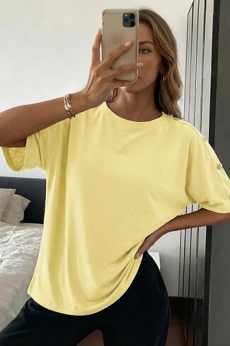 Dokotoo Women's Short Sleeve Tops Crew Neck Button Casual Summer Oversized T Shirts Blouses in Kuwait