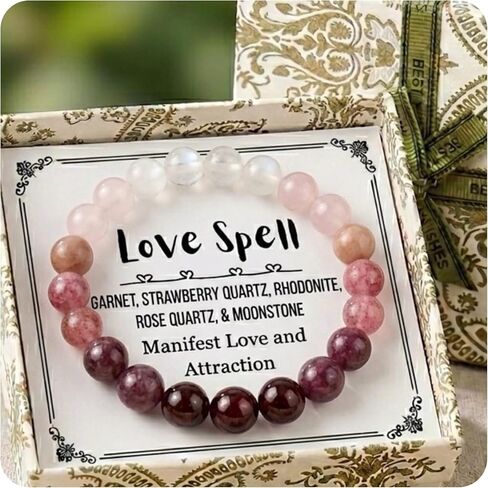 Love Energy Crystal Bracelet for Women Garnet, Quartz, Rose Quartz, Rhodonite, Moonstone for Mothers Days Gift, Birthday, Christmas Healing Gemstone Bracelet (Gift Box & Meaning Card) in Saudi Arabia