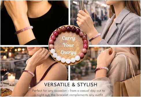 Love Energy Crystal Bracelet for Women Garnet, Quartz, Rose Quartz, Rhodonite, Moonstone for Mothers Days Gift, Birthday, Christmas Healing Gemstone Bracelet (Gift Box & Meaning Card) in Saudi Arabia