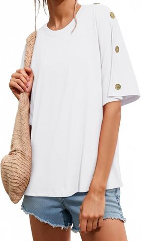 Dokotoo Women's Short Sleeve Tops Crew Neck Button Casual Summer Oversized T Shirts Blouses in Kuwait