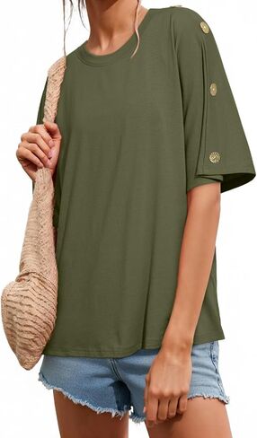 Dokotoo Women's Short Sleeve Tops Crew Neck Button Casual Summer Oversized T Shirts Blouses in Kuwait