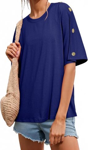 Dokotoo Women's Short Sleeve Tops Crew Neck Button Casual Summer Oversized T Shirts Blouses in Kuwait