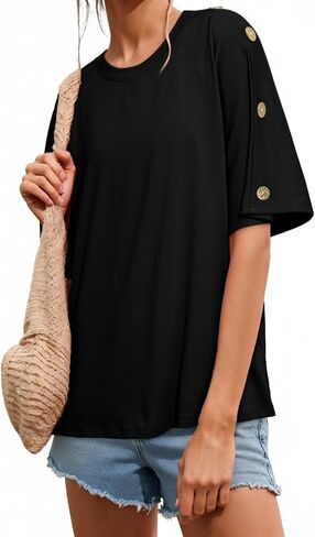 Dokotoo Women's Short Sleeve Tops Crew Neck Button Casual Summer Oversized T Shirts Blouses in Kuwait